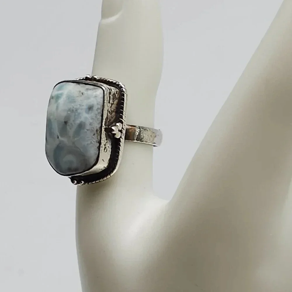 Sterling Silver 925 Vintage Blue Larimar Gemstone Statement Ring Size 7.5